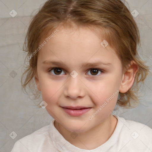 Joyful white child female with medium  brown hair and brown eyes