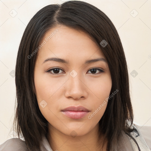 Neutral asian young-adult female with medium  brown hair and brown eyes