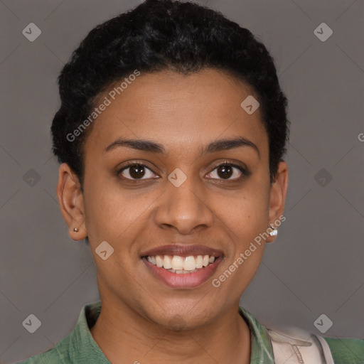 Joyful latino young-adult female with short  brown hair and brown eyes