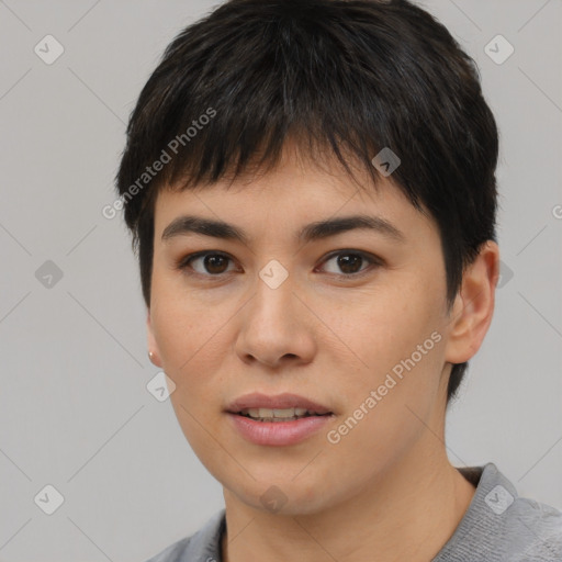 Joyful asian young-adult female with short  brown hair and brown eyes