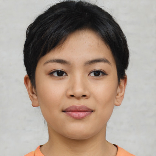 Neutral asian young-adult female with short  black hair and brown eyes