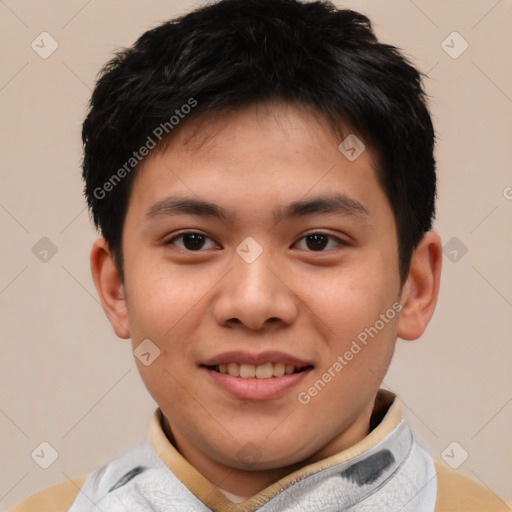 Joyful white child male with short  brown hair and brown eyes