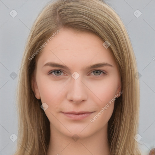 Neutral white young-adult female with long  brown hair and brown eyes