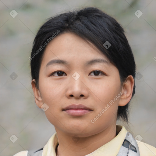 Neutral asian young-adult female with medium  brown hair and brown eyes