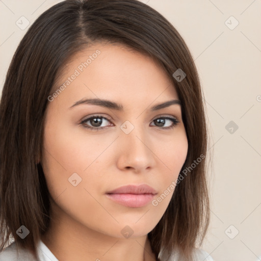 Neutral white young-adult female with medium  brown hair and brown eyes