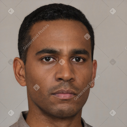 Neutral latino young-adult male with short  brown hair and brown eyes