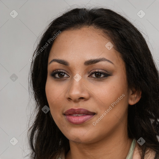 Joyful latino young-adult female with long  brown hair and brown eyes