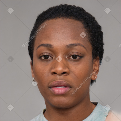 Neutral black young-adult female with short  black hair and brown eyes