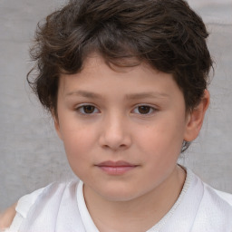 Joyful white child female with short  brown hair and brown eyes