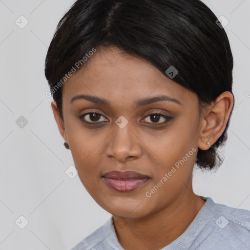 Joyful asian young-adult female with medium  black hair and brown eyes