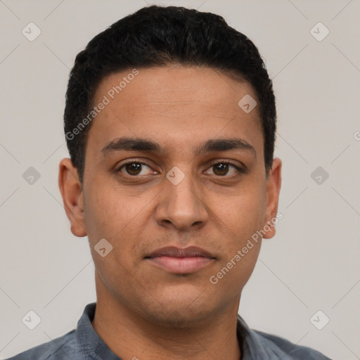 Neutral latino young-adult male with short  black hair and brown eyes