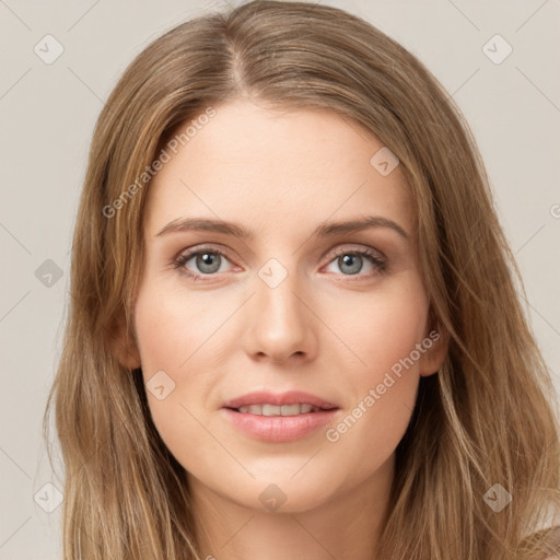 Joyful white young-adult female with long  brown hair and green eyes