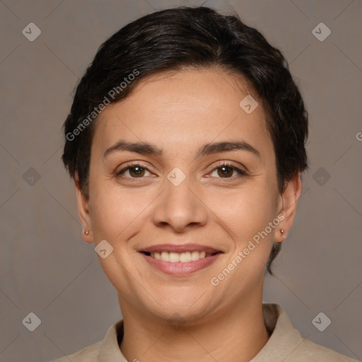 Joyful white young-adult female with short  brown hair and brown eyes