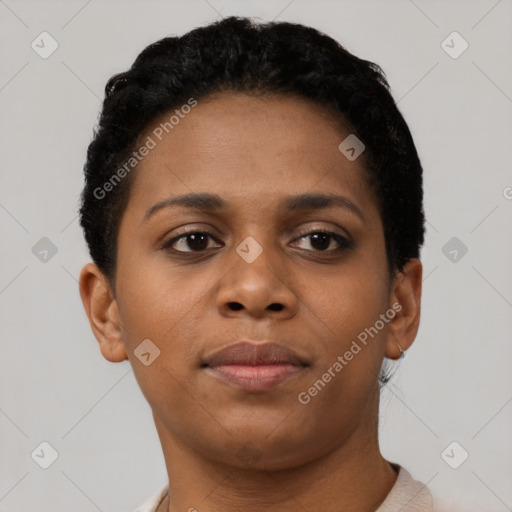 Neutral black young-adult female with short  brown hair and brown eyes