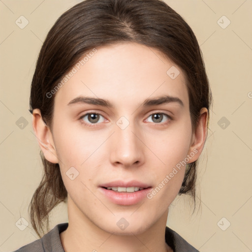 Neutral white young-adult female with medium  brown hair and brown eyes