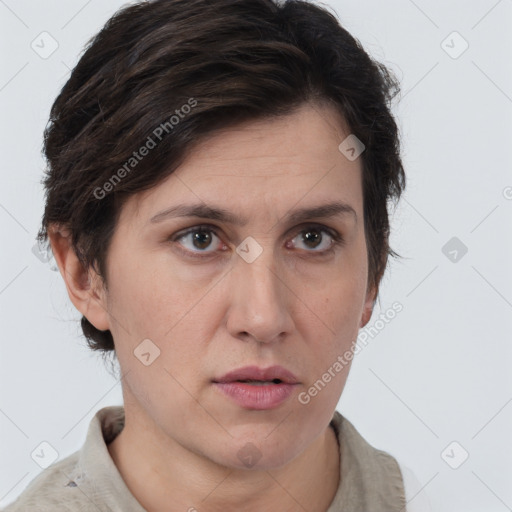 Neutral white adult female with short  brown hair and brown eyes