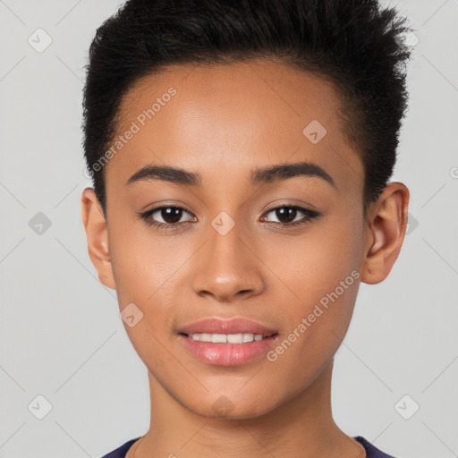 Joyful white young-adult female with short  brown hair and brown eyes