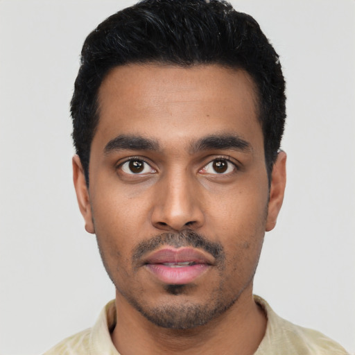 Neutral latino young-adult male with short  black hair and brown eyes