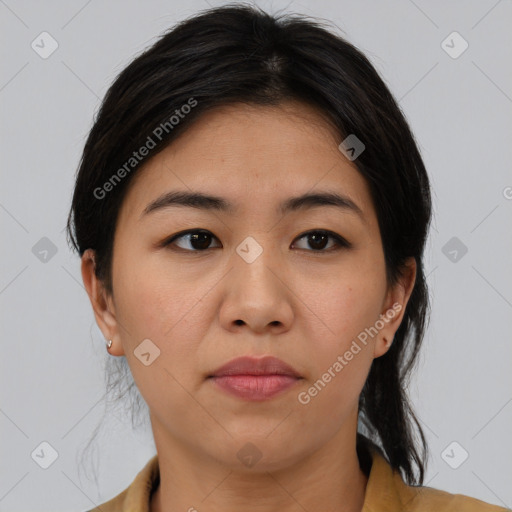 Neutral white young-adult female with medium  brown hair and brown eyes