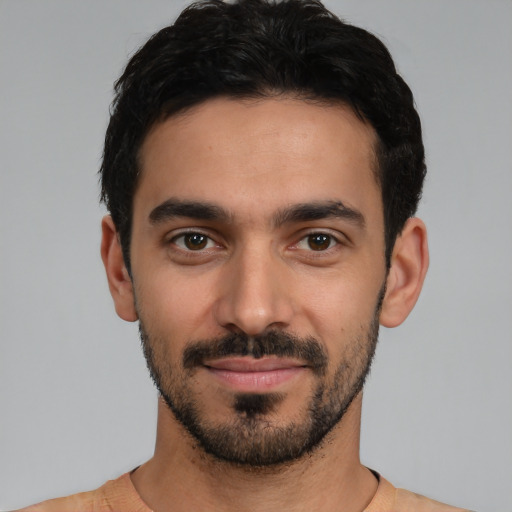 Neutral white young-adult male with short  black hair and brown eyes