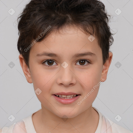 Joyful white child female with short  brown hair and brown eyes