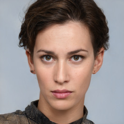 Neutral white young-adult female with short  brown hair and brown eyes