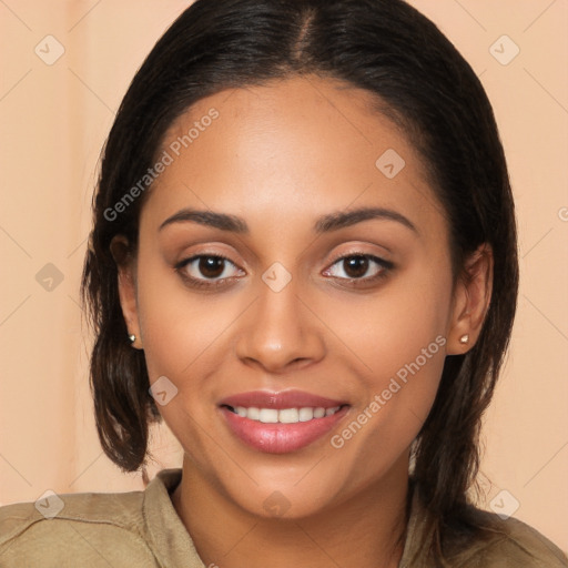 Joyful white young-adult female with long  brown hair and brown eyes