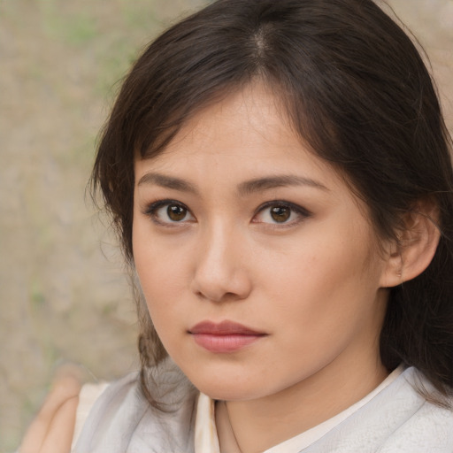 Neutral asian young-adult female with medium  brown hair and brown eyes