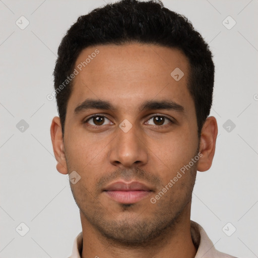 Neutral latino young-adult male with short  black hair and brown eyes