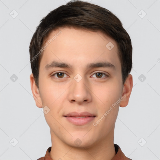 Neutral white young-adult male with short  brown hair and brown eyes