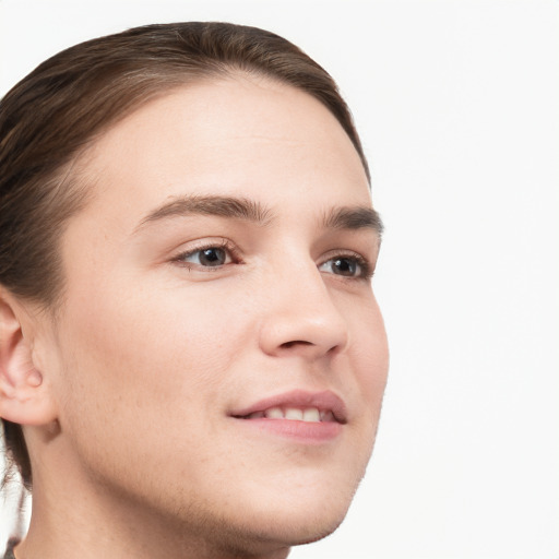 Neutral white young-adult male with short  brown hair and grey eyes