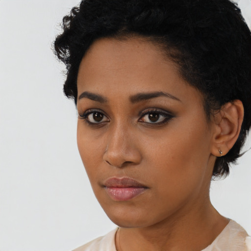 Neutral latino young-adult female with short  black hair and brown eyes