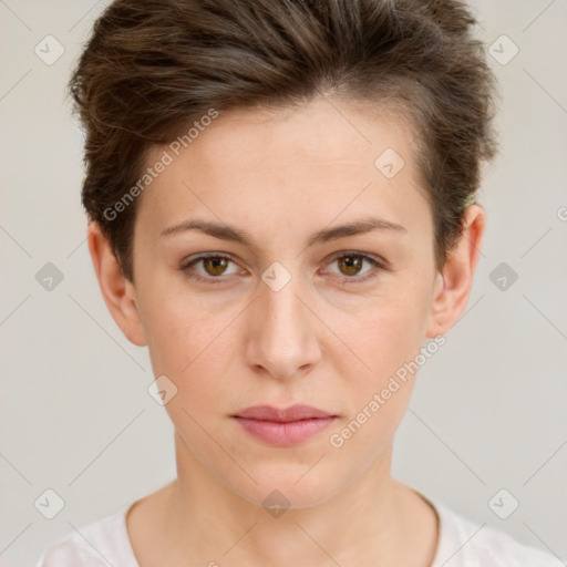 Neutral white young-adult female with short  brown hair and brown eyes