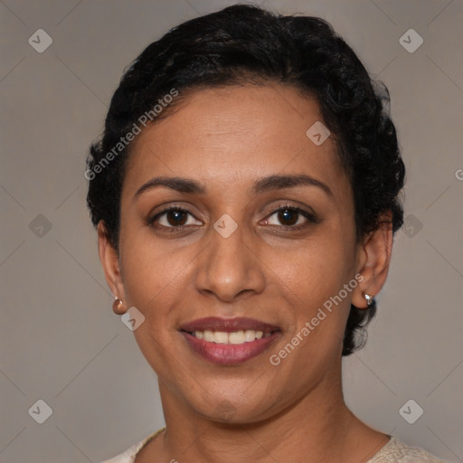 Joyful latino young-adult female with short  brown hair and brown eyes