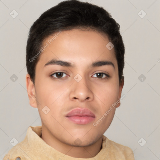 Neutral latino young-adult male with short  brown hair and brown eyes