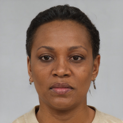 Neutral black adult female with short  black hair and brown eyes