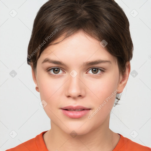 Neutral white young-adult female with short  brown hair and brown eyes