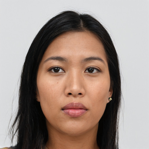 Neutral asian young-adult female with long  black hair and brown eyes
