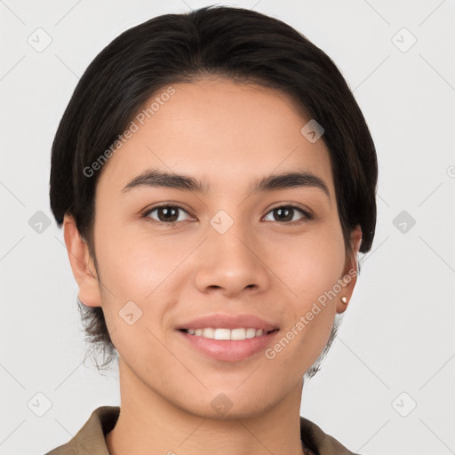 Joyful white young-adult female with short  brown hair and brown eyes