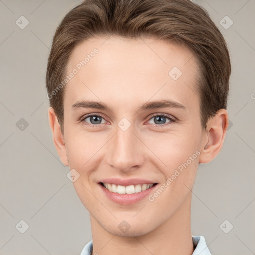 Joyful white young-adult female with short  brown hair and grey eyes