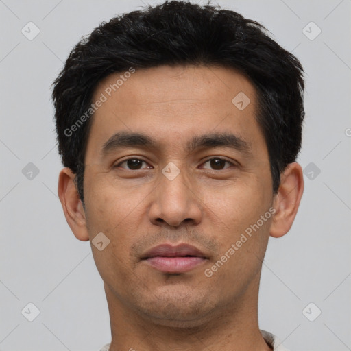 Neutral asian young-adult male with short  black hair and brown eyes