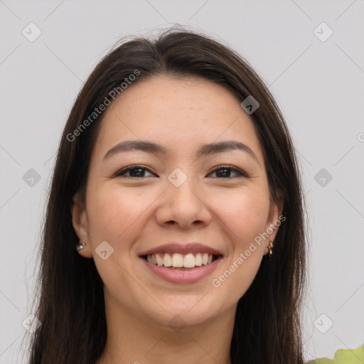 Joyful white young-adult female with long  brown hair and brown eyes