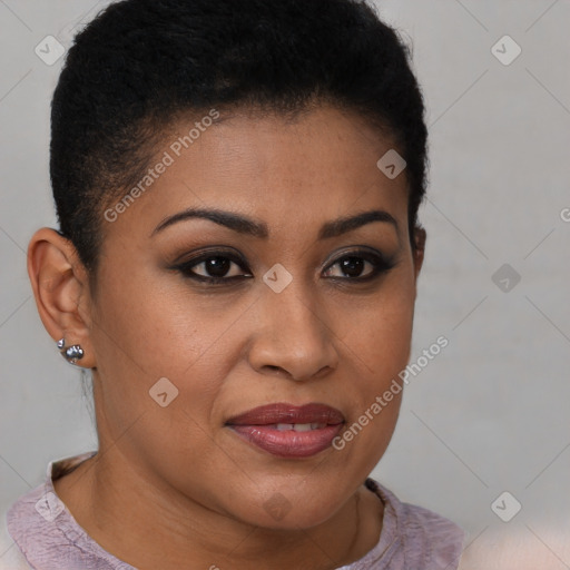 Joyful latino young-adult female with short  brown hair and brown eyes