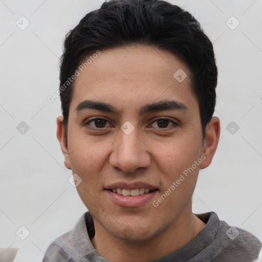 Joyful white young-adult male with short  black hair and brown eyes