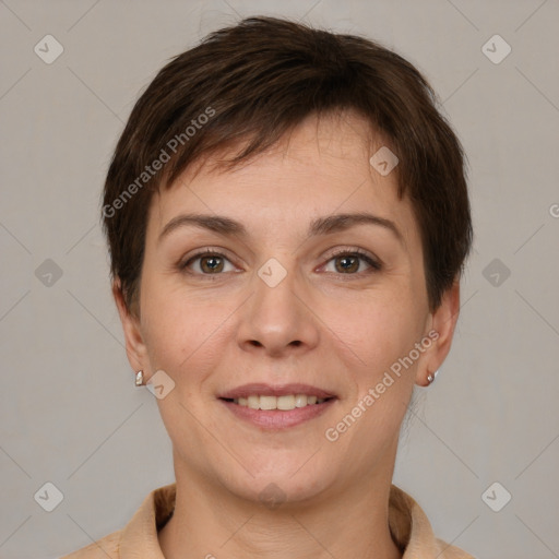 Joyful white young-adult female with short  brown hair and brown eyes