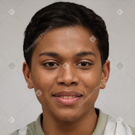 Joyful latino young-adult female with short  brown hair and brown eyes