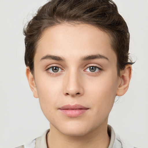 Neutral white young-adult female with short  brown hair and brown eyes