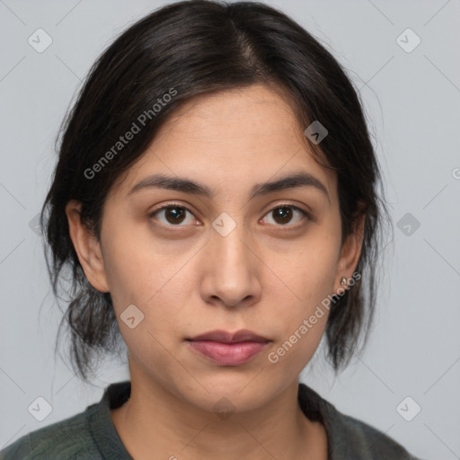 Neutral white young-adult female with medium  brown hair and brown eyes