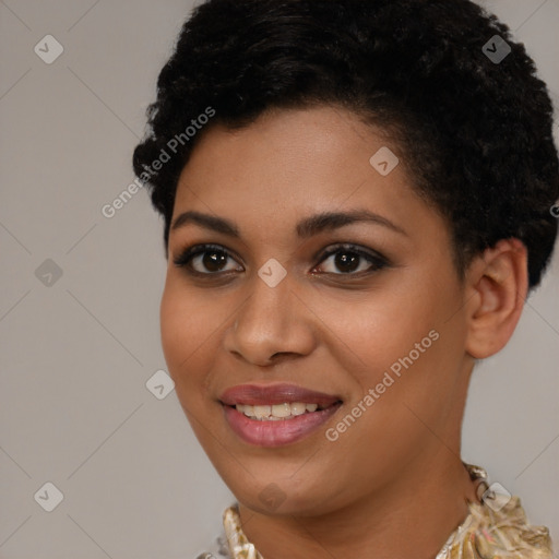 Joyful latino young-adult female with short  brown hair and brown eyes