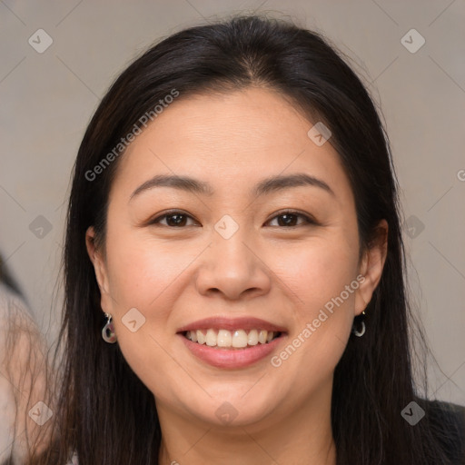 Joyful white young-adult female with long  brown hair and brown eyes